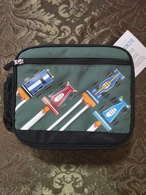 Pottery Barn Kids Green Race Car Lunch Box with Blue, Red, Yellow Accents Glows